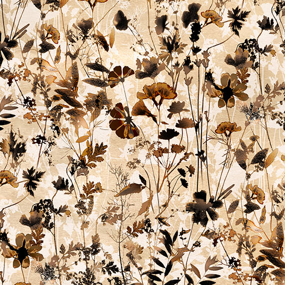 A buff fabric swatch featuring a shadowed foliage print in hues of brown and black.