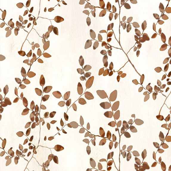 A mottled cream fabric swatch featuring a hazel toned vine leaf print.