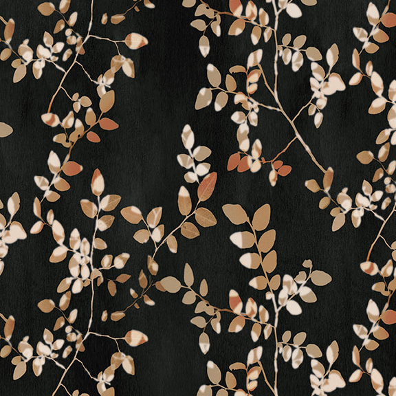 A black fabric swatch featuring a vine leaf print in hazel and taupe hues.