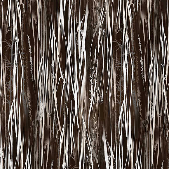 An espresso black fabric swatch featuring an abstract pattern of layered grass in white and brown tones