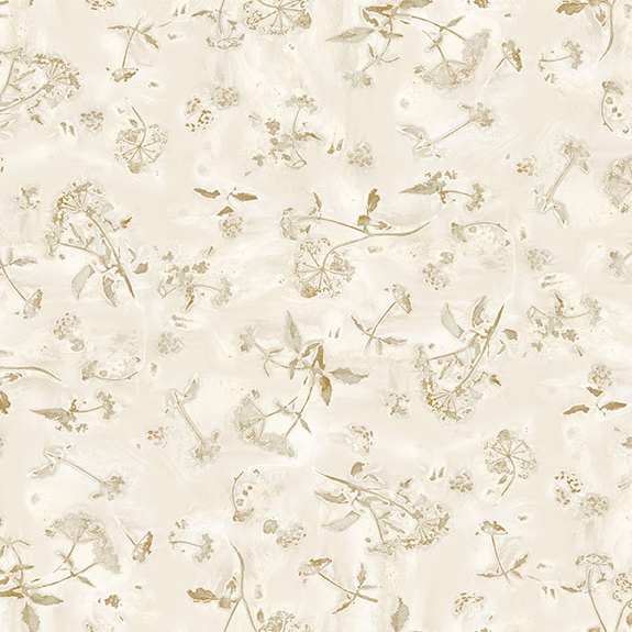 Mottled gray cream fabric featuring a dandelion print in brass.