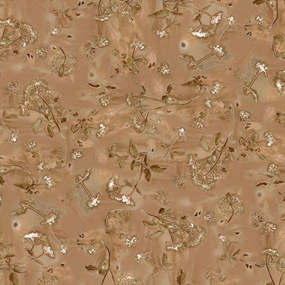 Mottled tan fabric featuring a dandelion print in brown and white.