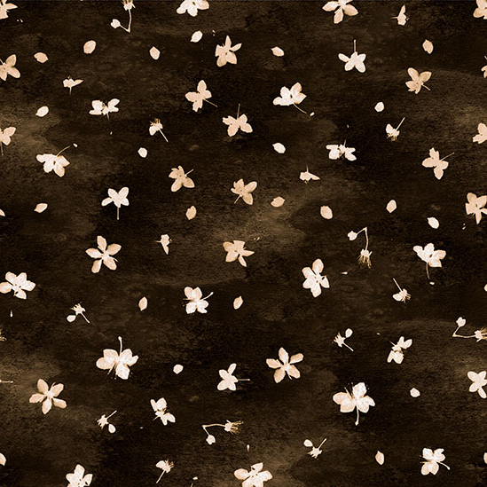 Mottled black-brown fabric featuring a print of falling leaves