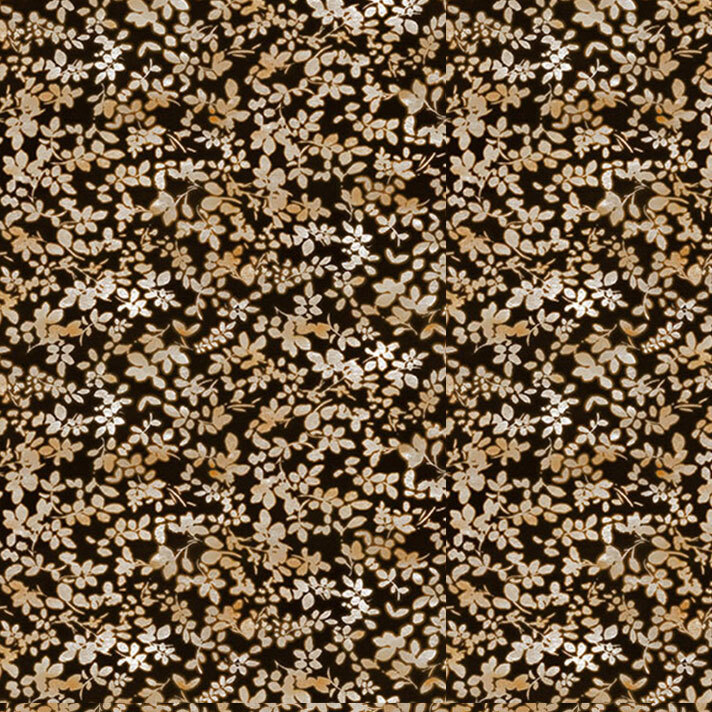 A black fabric featuring a an ombre leaf print in tones of taupe and hazel.