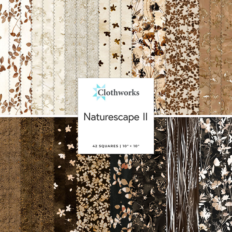Collage of fabric strips in blacks, browns, and creams featuring textures, leaves, and floral patterns labeled Naturescape II by Clothworks.