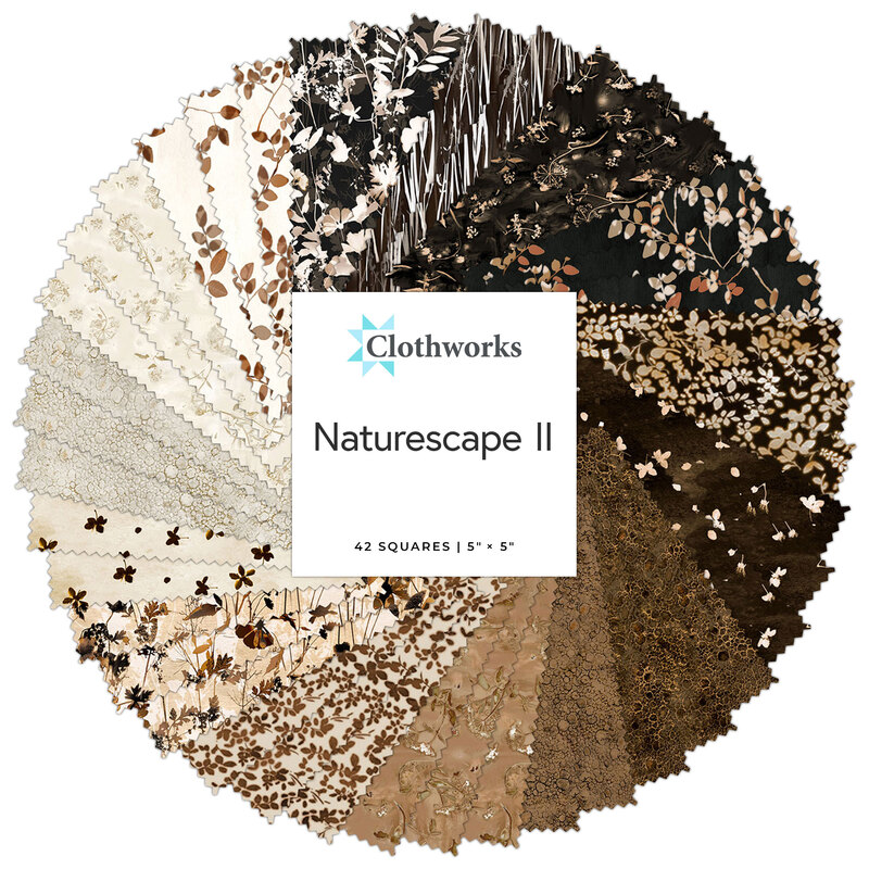 Collage of fabric strips in blacks, browns, and creams featuring textures, leaves, and floral patterns in a circular display, labeled Naturescape II by Clothworks.
