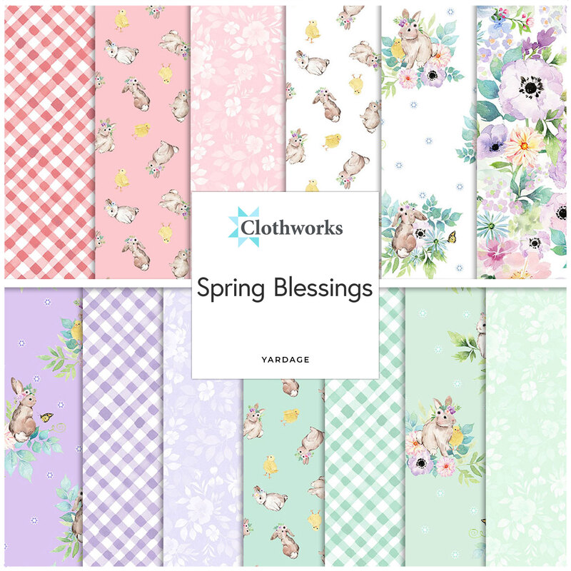 Square collage of the Spring Blessings fabrics featuring florals, animals, and ginghams in hues of pink, white, purple, and green.