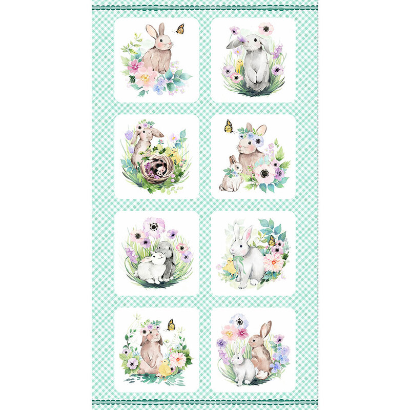 Album squares of watercolor bunnies and florals with a green and white gingham backdrop