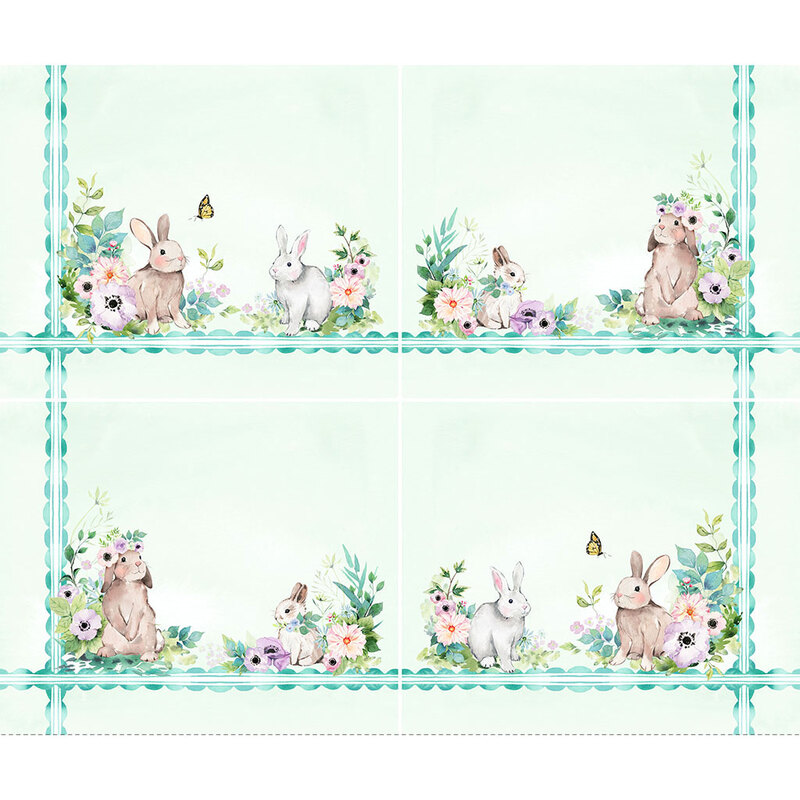 Mat panel fabric featuring florals and bunnies with a scalloped border on a pale mint background.