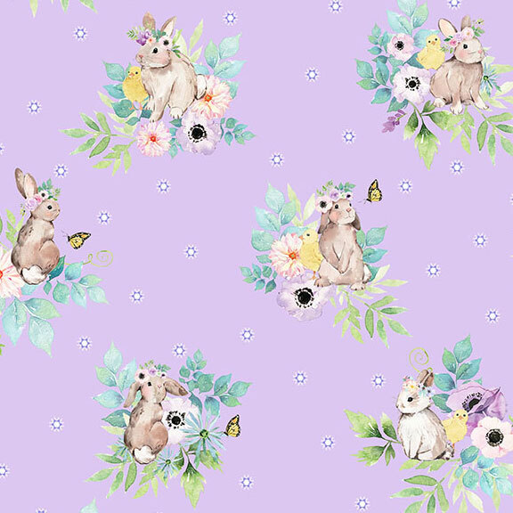 Lilac fabric featuring watercolor bunnies, chicklets, and florals, accented by scattered blue stars.