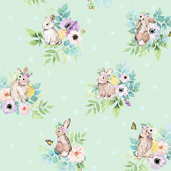 Pale mint fabric featuring watercolor bunnies, chicklets, and florals, accented by scattered blue stars.