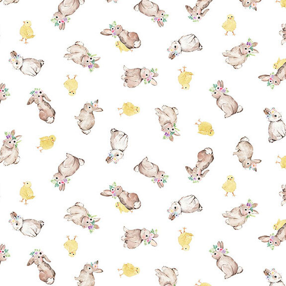 Tossed pattern of bunnies and chicklets on a white background.