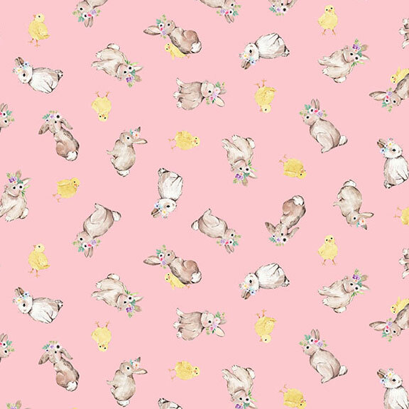 Tossed pattern of bunnies and chicklets on a blush pink background.