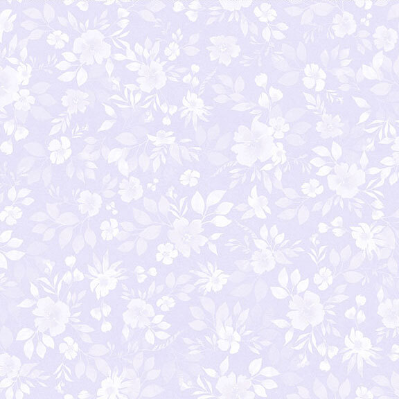 Soft lavender fabric featuring tonal and white florals and greenery.