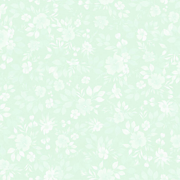 Light mint fabric featuring tonal and white florals and greenery.