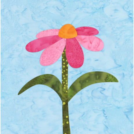 Abstract illustration of a pink flower with a yellow center on a light blue background.