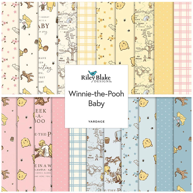 Collage of fabric patterns featuring Winnie-the-Pooh designs in pastel colors with various prints.