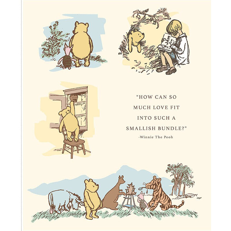 Cream fabric panel with multiple iconic Winnie the Pooh scenes paired with the heartfelt quote, “How can so much love fit into such a smallish bundle?”