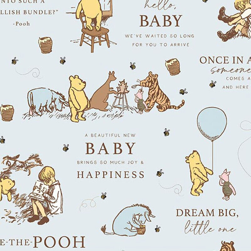 Light blue fabric with a whimsical pattern of Winnie the Pooh characters alongside buzzing bees, accented with various quotes and text for a playful, storybook feel.