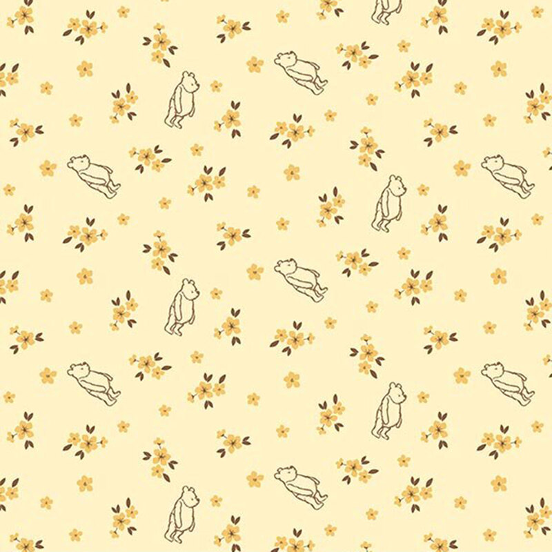 Soft yellow fabric with a pattern of Winnie the Pooh scattered among small yellow florals.