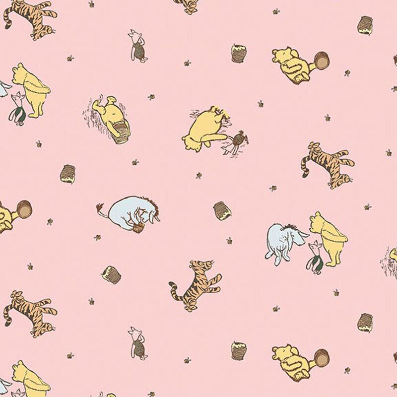 Pink fabric with playful scenes of Winnie the Pooh characters scattered among bees and beehives, creating a sweet and lively design.