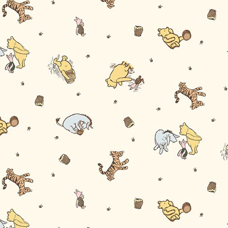Cream fabric with playful scenes of Winnie the Pooh characters scattered among bees and beehives, creating a sweet and lively design.
