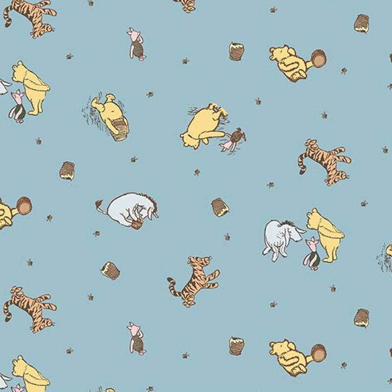 Blue fabric with playful scenes of Winnie the Pooh characters scattered among bees and beehives, creating a sweet and lively design.