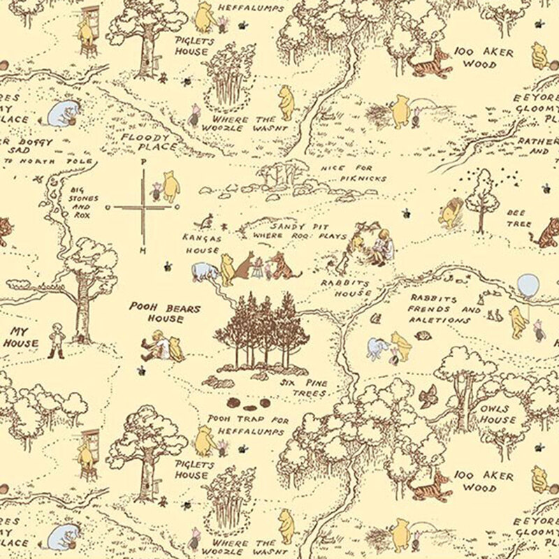 This soft yellow fabric with a Hundred Acre Wood map, filled with delightful scenes of beloved Winnie the Pooh characters.