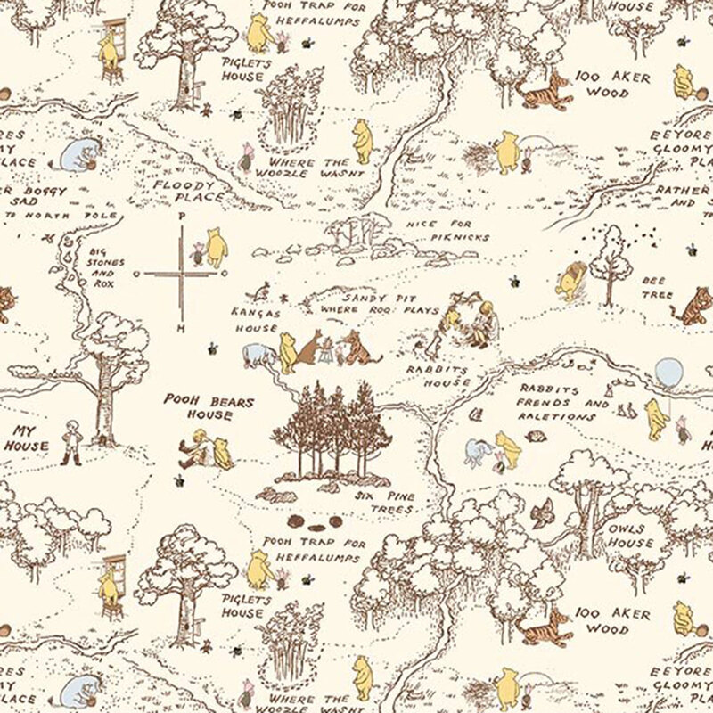 Cream fabric with a Hundred Acre Wood map, filled with delightful scenes of beloved Winnie the Pooh characters.