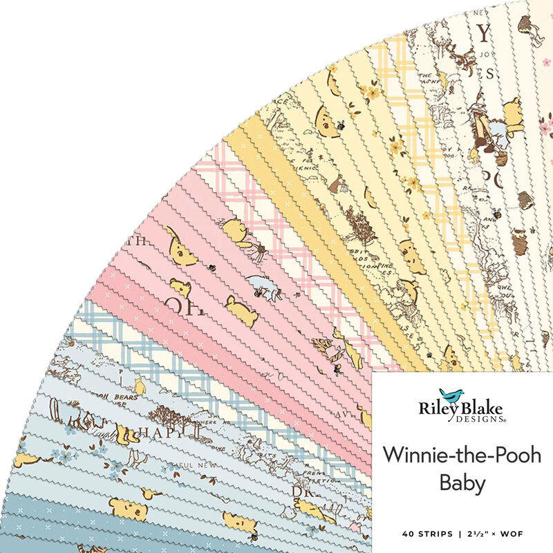 A fan of colorful fabric strips featuring Winnie-the-Pooh designs in pastel colors.