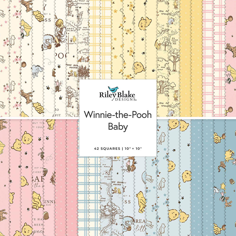 A fabric bundle featuring Winnie-the-Pooh designs in pastel colors, including yellow, pink, and blue.
