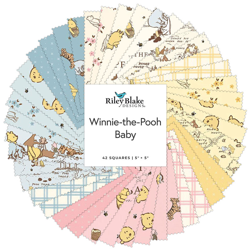 Colorful fabric squares featuring Winnie-the-Pooh designs in pastel shades. Brand label in center.