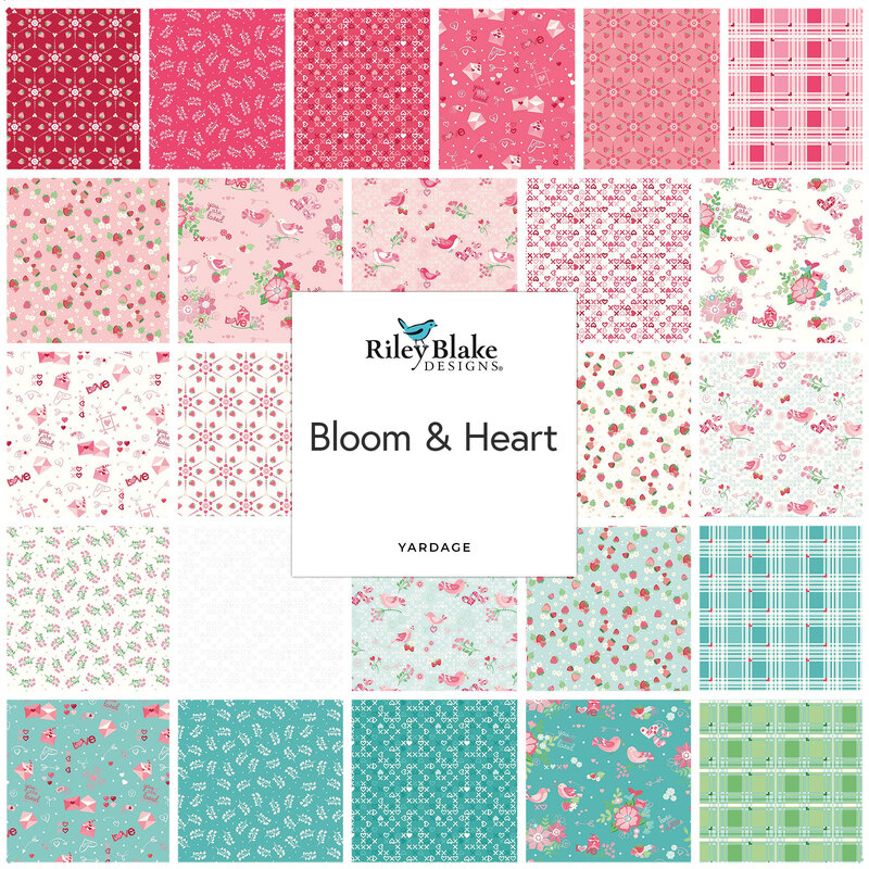 A collage of fabrics from the collection in pink, cream, turquoise, and green featuring Valentine's day motifs such as love letters, hearts, and lovebirds.