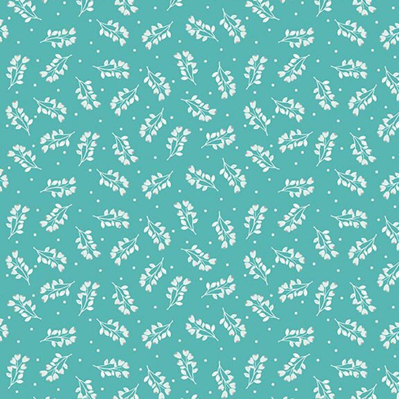 Turquoise fabric with a tossed pattern of delicate white florals and pin dots