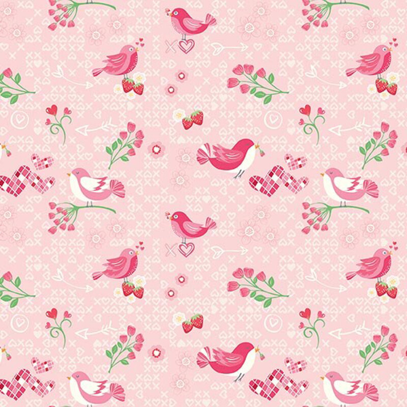 Light pink fabric with a pattern of white x's and heart-shaped o's featuring Valentine's motifs such as pink lovebirds, small florals, magenta hearts, and strawberries.