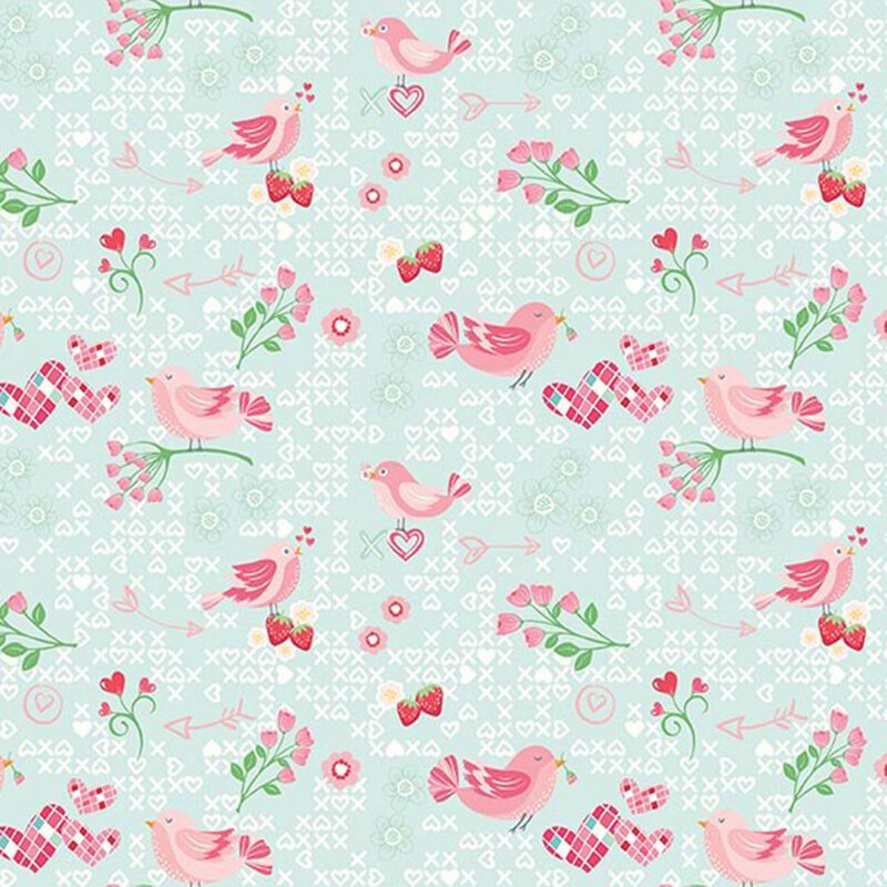 Light aqua fabric with a pattern of white x's and heart-shaped o's featuring Valentine's motifs such as pink lovebirds, small florals, magenta hearts, and strawberries.