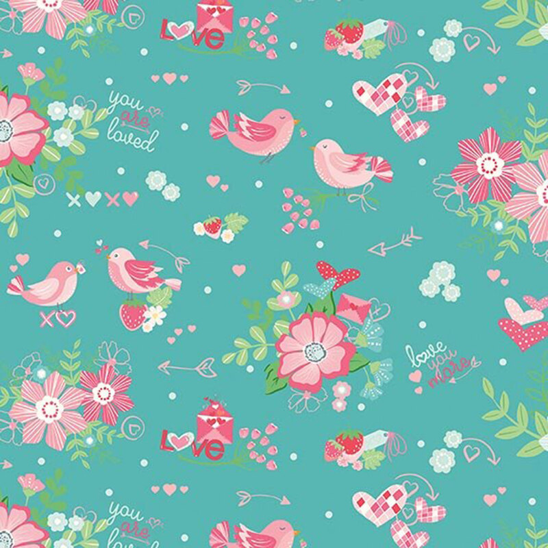 Turquoise fabric featuring lovebirds, green-leafed florals and other Valentine's day motifs in light pink and magenta.