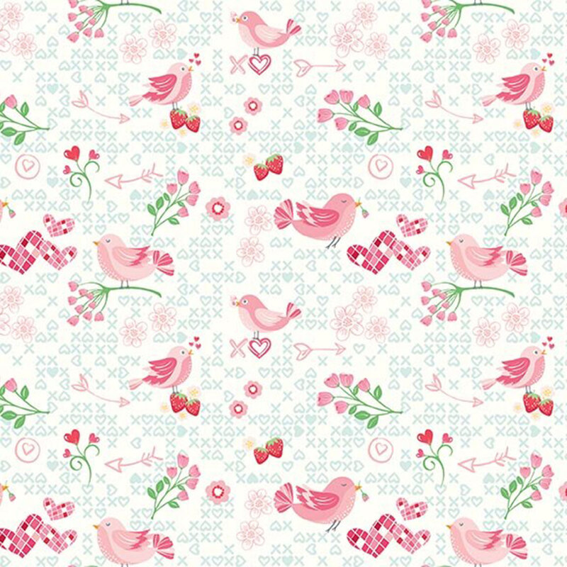 Cream fabric with a pattern of light blue x's and heart-shaped o's featuring Valentine's motifs such as pink lovebirds, small florals, magenta hearts, and strawberries.