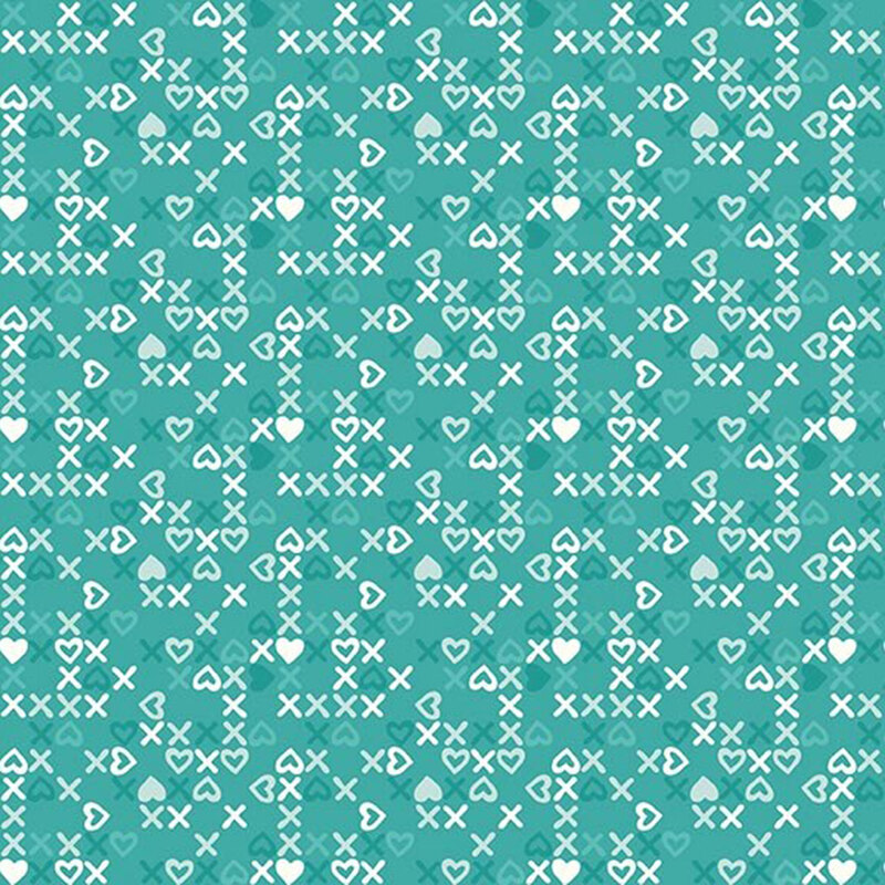 Turquoise fabric with a pattern of white, teal, and light aqua x's and heart-shaped o's.