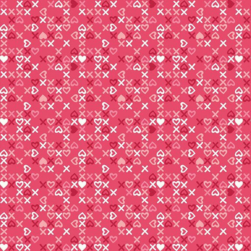 Hot pink fabric with a pattern of white, light pink, and red x's and heart-shaped o's.