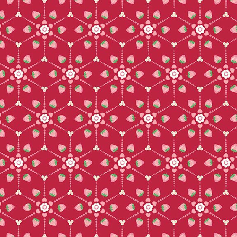 A radial geometric pattern of light pink strawberries, hearts, and dots on a ruby red fabric background