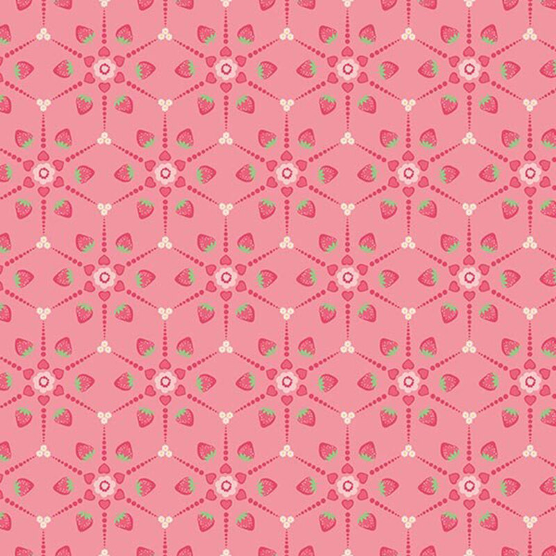 A radial geometric pattern of hot pink strawberries, hearts, and dots on a pink fabric background