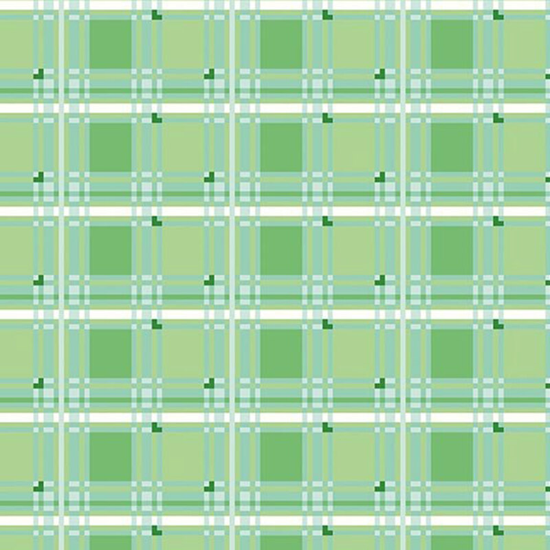 Apple green fabric featuring a gray plaid lattice pattern with dark green accents
