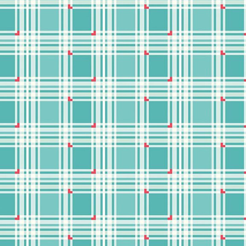 Turquoise fabric featuring a white plaid lattice pattern with red accents
