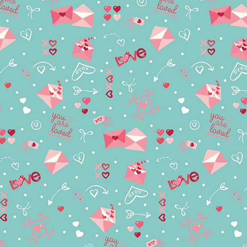 Turquoise fabric with an all-over pattern of pink love letters, white doodles, and loving phrases