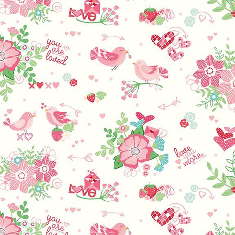 Cream fabric featuring lovebirds, green-leafed florals and other Valentine's day motifs in light pink and magenta.