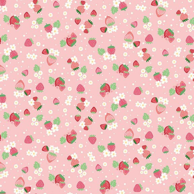 Light pink fabric with a tossed pattern of light and dark pink strawberries, white daisies, and dots
