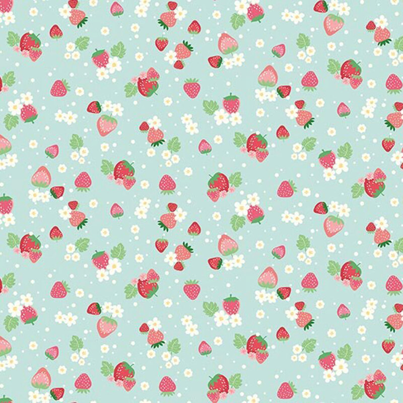 Light aquamarine fabric with a tossed pattern of light and dark pink strawberries, white daisies, and dots