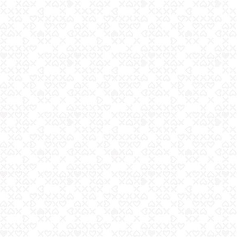 White-on-white fabric with a pattern of x's and heart-shaped o's.