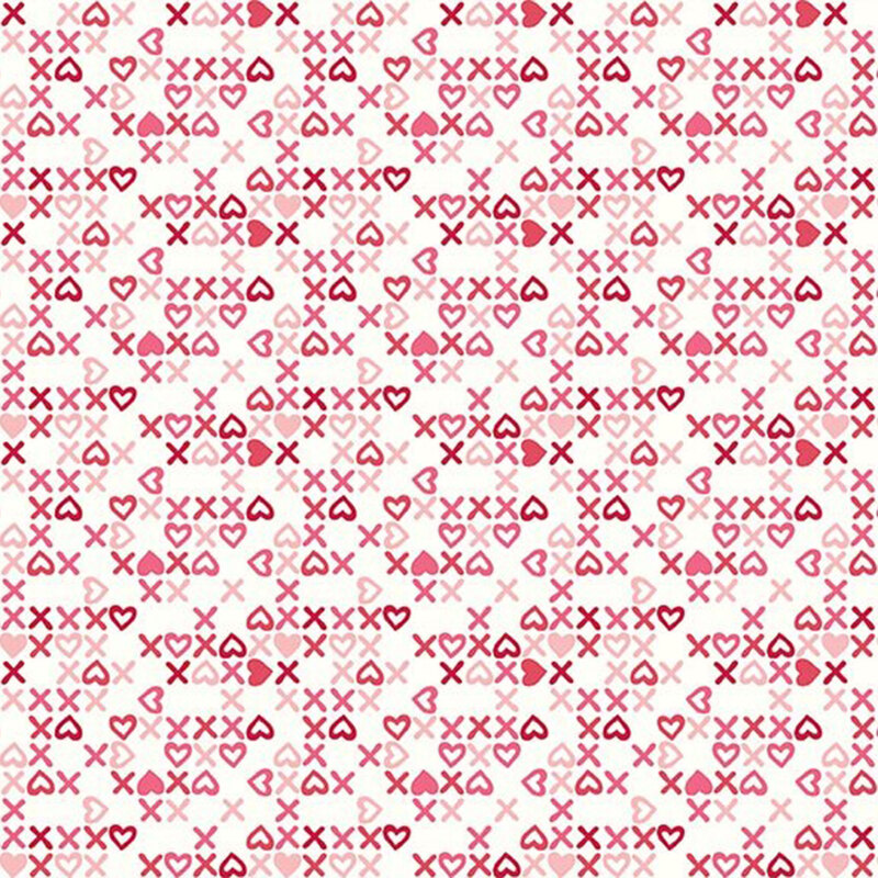 White fabric with a pattern of light pink and red x's and heart-shaped o's.